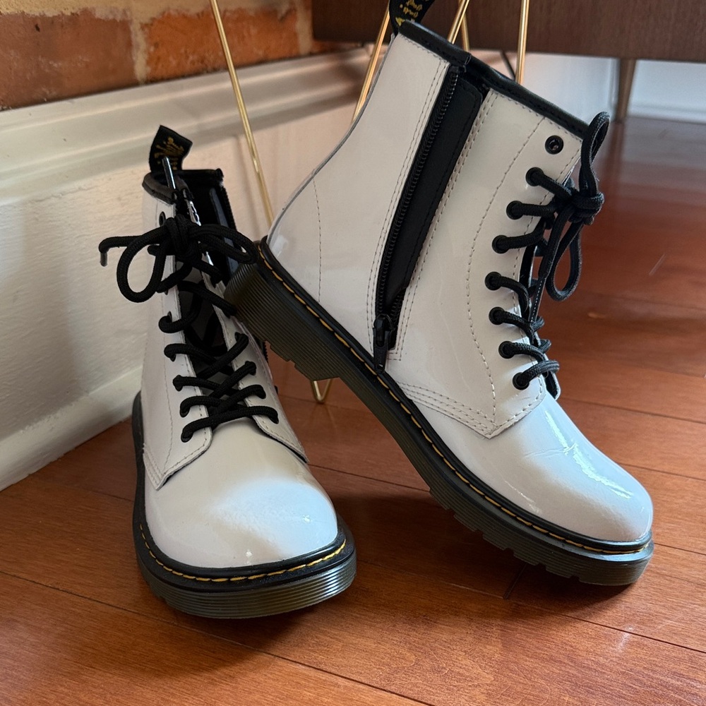 Doc Martens white patent lace up boots